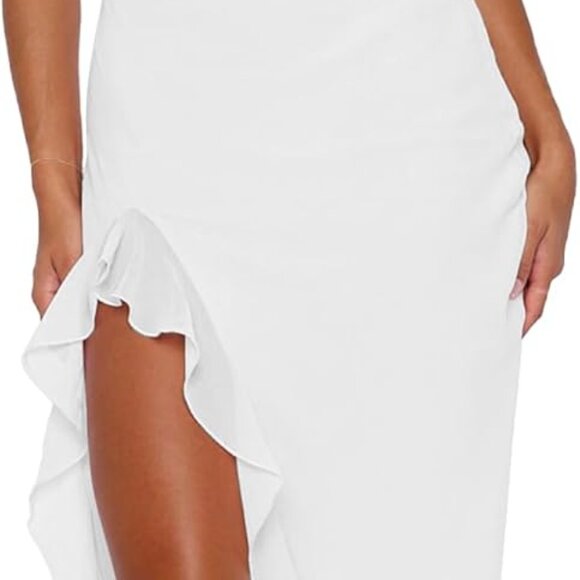 Women's Sleeveless Ruffle Hem High Slit Maxi Dress Bodycon Partywear - Picture 1 of 5